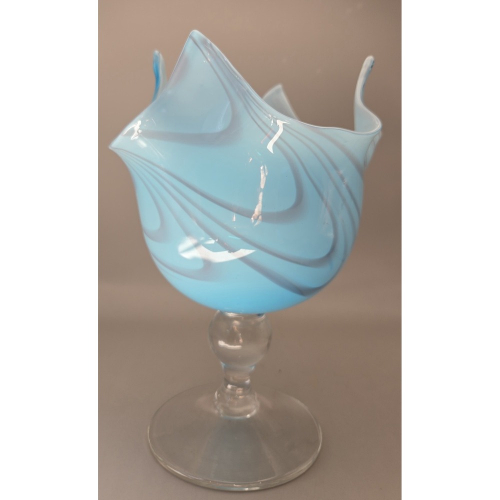 Vintage Pedestal Vase Murano Fazzoletto Sky Blue Italian Hankerchief